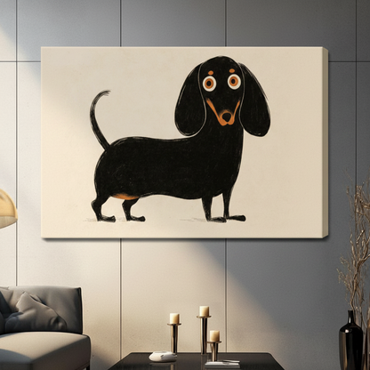 Gallery-wrapped canvas print of a charming black dachshund illustration hung on a gray paneled wall above a dark coffee table with candle holders