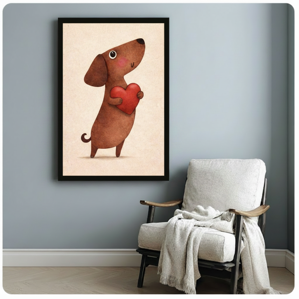 Black framed cute whimsical illustration chubby brown sausage dog standing on hind legs clutching plump red heart with blushing cheeks and gentle smile on warm beige linen texture background canvas print on pale blue-grey wall beside white wood arm lounge chair with draped cream linen throw - sweet dachshund red heart love wall art for cozy reading nook decor