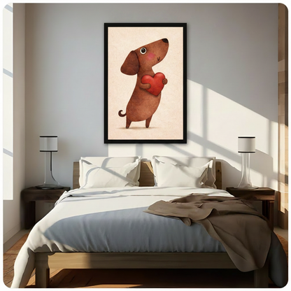 Framed cute whimsical illustration chubby brown sausage dog standing on hind legs clutching plump red heart with blushing cheeks and gentle smile on warm beige linen texture background canvas print above dark walnut bed with white linen duvet and caramel throw in sunlit minimalist bedroom with twin slim cylindrical table lamps - sweet dachshund red heart love wall art for contemporary bedroom decor