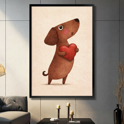 Framed cute whimsical illustration brown dachshund dog standing upright hugging large red heart with rosy cheeks and happy smile expression on aged cream paper texture background canvas print on dark grey tile wall in modern living room with charcoal sofa and brass candlesticks - adorable dachshund red heart love wall art for contemporary home decor