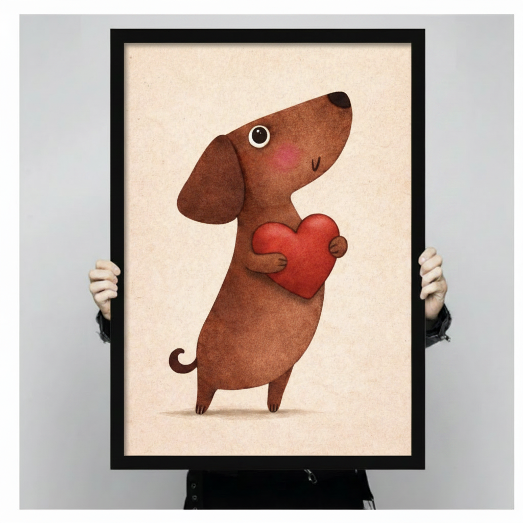 Person holding large framed cute whimsical illustration brown dachshund dog standing upright hugging large red heart with rosy cheeks and happy smile expression on aged cream paper texture background canvas print with both hands against neutral grey background - close up size reference of adorable dachshund red heart love wall art with black frame finish
