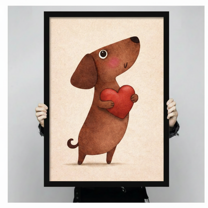 Person holding large framed cute whimsical illustration brown dachshund dog standing upright hugging large red heart with rosy cheeks and happy smile expression on aged cream paper texture background canvas print with both hands against neutral grey background - close up size reference of adorable dachshund red heart love wall art with black frame finish