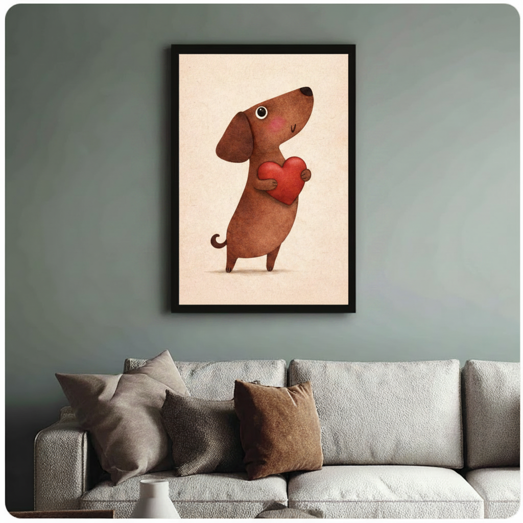 Framed cute whimsical illustration brown dachshund dog standing upright hugging large red heart with rosy cheeks and happy smile expression on aged cream paper texture background canvas print on sage blue-grey wall above cream boucle sofa with mixed linen and caramel throw pillows - adorable dachshund red heart love wall art for cozy Scandinavian living room decor