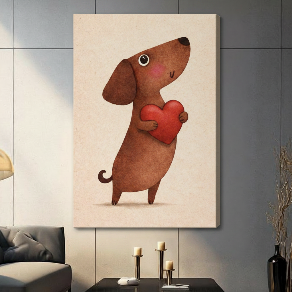 Unframed cute whimsical illustration chubby brown sausage dog standing on hind legs clutching plump red heart with blushing cheeks and gentle smile on warm beige linen texture background canvas print on dark grey tile wall in contemporary living room with charcoal sofa and pillar candles - sweet dachshund red heart love wall art for modern interior decor