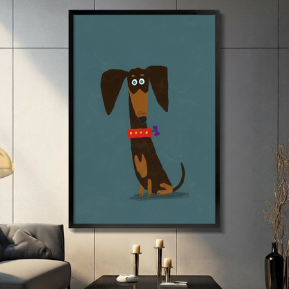 Framed canvas wall art featuring a cute cartoon dachshund with a red collar on a teal background, displayed in a modern living room