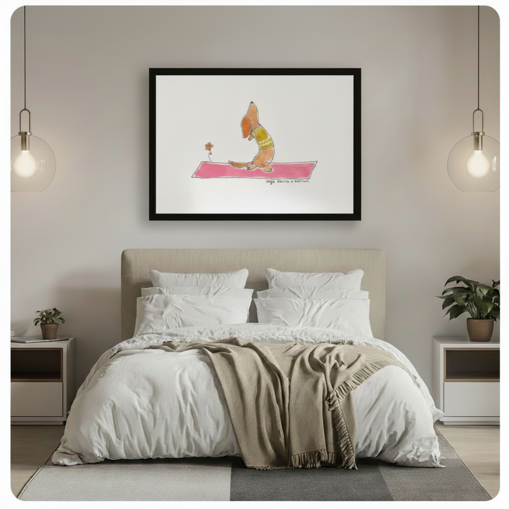 Framed cute hand-drawn watercolor illustration golden brown sausage dog in yellow-green tank top performing upward dog yoga stretch with elongated body flat on hot pink yoga mat head tilted upward with a tiny orange daisy flower on the left on clean white background canvas print above beige upholstered headboard bed with white linen duvet and caramel throw in minimalist bedroom with twin brass globe pendant lights and potted green plants on white nightstands - whimsical dachshund yoga pink mat wall art for 