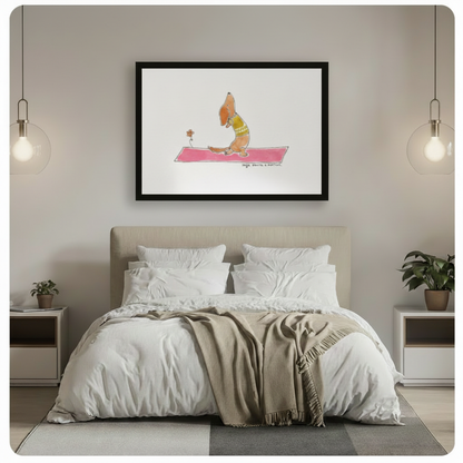 Framed cute hand-drawn watercolor illustration golden brown sausage dog in yellow-green tank top performing upward dog yoga stretch with elongated body flat on hot pink yoga mat head tilted upward with a tiny orange daisy flower on the left on clean white background canvas print above beige upholstered headboard bed with white linen duvet and caramel throw in minimalist bedroom with twin brass globe pendant lights and potted green plants on white nightstands - whimsical dachshund yoga pink mat wall art for 