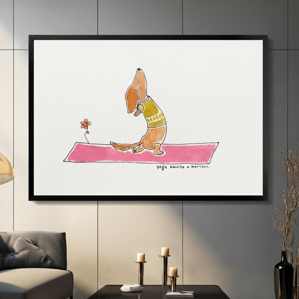 Framed cute hand-drawn watercolor illustration brown dachshund dog wearing olive green vest doing cobra yoga pose with long body stretched forward on bright pink yoga mat beside a small orange flower on white background canvas print on dark grey tile wall in modern living room with charcoal sofa and brass candlestick holders on coffee table - funny dachshund yoga pink mat wall art for contemporary home decor