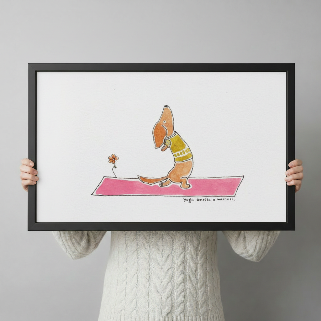 Person holding large framed cute hand-drawn watercolor illustration brown dachshund dog wearing olive green vest doing cobra yoga pose with long body stretched forward on bright pink yoga mat beside a small orange flower on white background canvas print with both hands against light grey background - close up size reference of funny dachshund yoga pink mat wall art with black frame finish