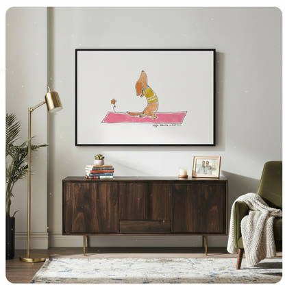 Framed cute hand-drawn watercolor illustration brown dachshund dog wearing olive green vest doing cobra yoga pose with long body stretched forward on bright pink yoga mat beside a small orange flower on white background canvas print on light grey wall above dark walnut sideboard with stacked books succulent plant and framed family photo beside tall brass arc floor lamp and olive green velvet accent chair with cream knit throw - funny dachshund yoga pink mat wall art for mid-century modern living room decor
