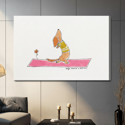 Unframed cute hand-drawn watercolor illustration golden brown sausage dog in yellow-green tank top performing upward dog yoga stretch with elongated body flat on hot pink yoga mat head tilted upward with a tiny orange daisy flower on the left on clean white background canvas print on dark grey tile wall in contemporary living room with charcoal sofa and tall pillar candles - whimsical dachshund yoga pink mat wall art for modern interior decor