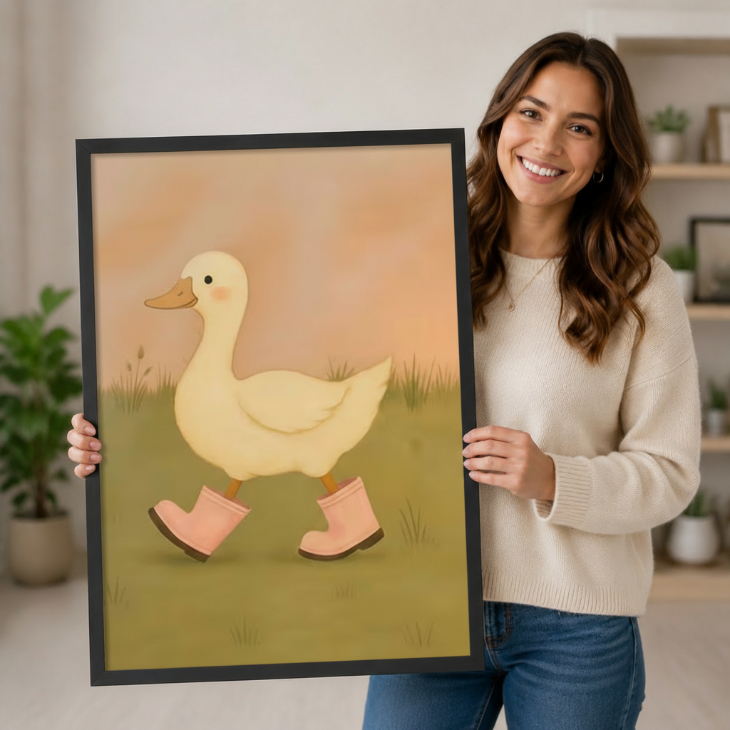 Smiling woman holding a large framed wall art print of a cute white duck wearing pink rain boots, showcasing print size, black frame detail, and warm peach tones for nursery or living room decor