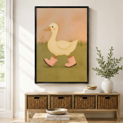 Framed wall art print of a cute white duck wearing pink rain boots walking on green grass with a warm peach sky, displayed above a rattan storage console in a bright Boho entryway