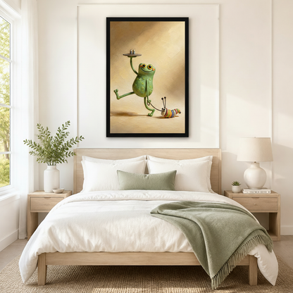 Charming framed wall art of a cartoon green frog balancing a serving tray while walking a colorful caterpillar, displayed above a neutral linen bed in a serene Scandinavian bedroom
