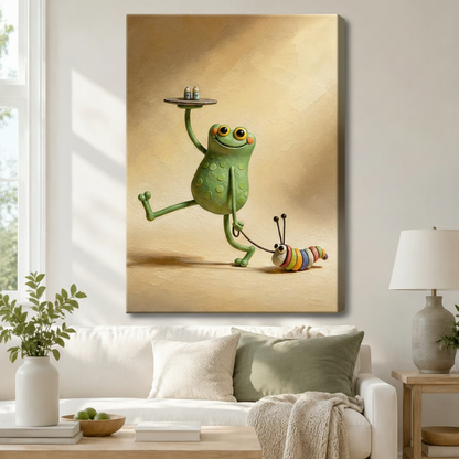 Gallery wrap canvas art featuring a smiling cartoon green frog carrying a serving tray with a rainbow caterpillar companion, hung above a white sofa in a warm Scandinavian living room