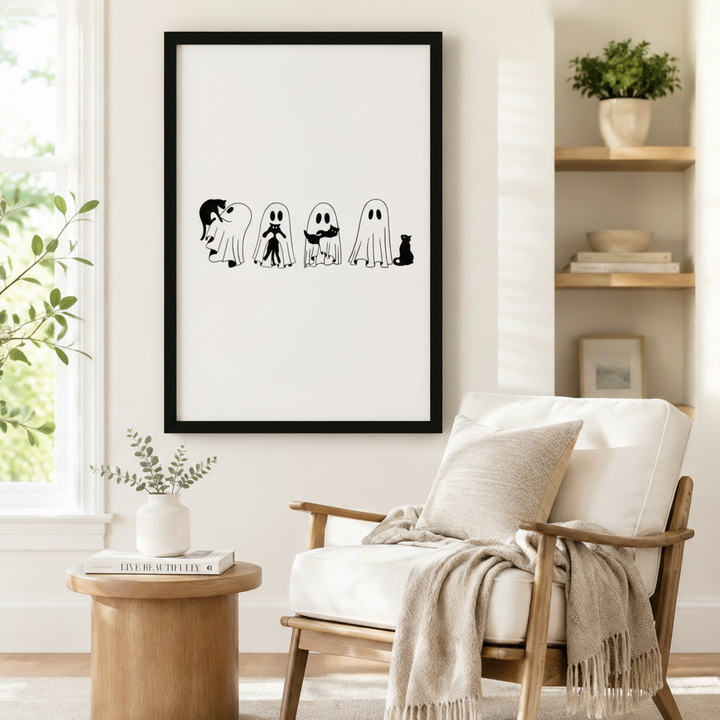 Large black-framed wall art print of four cartoon ghosts paired with black cats in a clean black and white design, styled beside a linen armchair in a Scandinavian-inspired reading nook