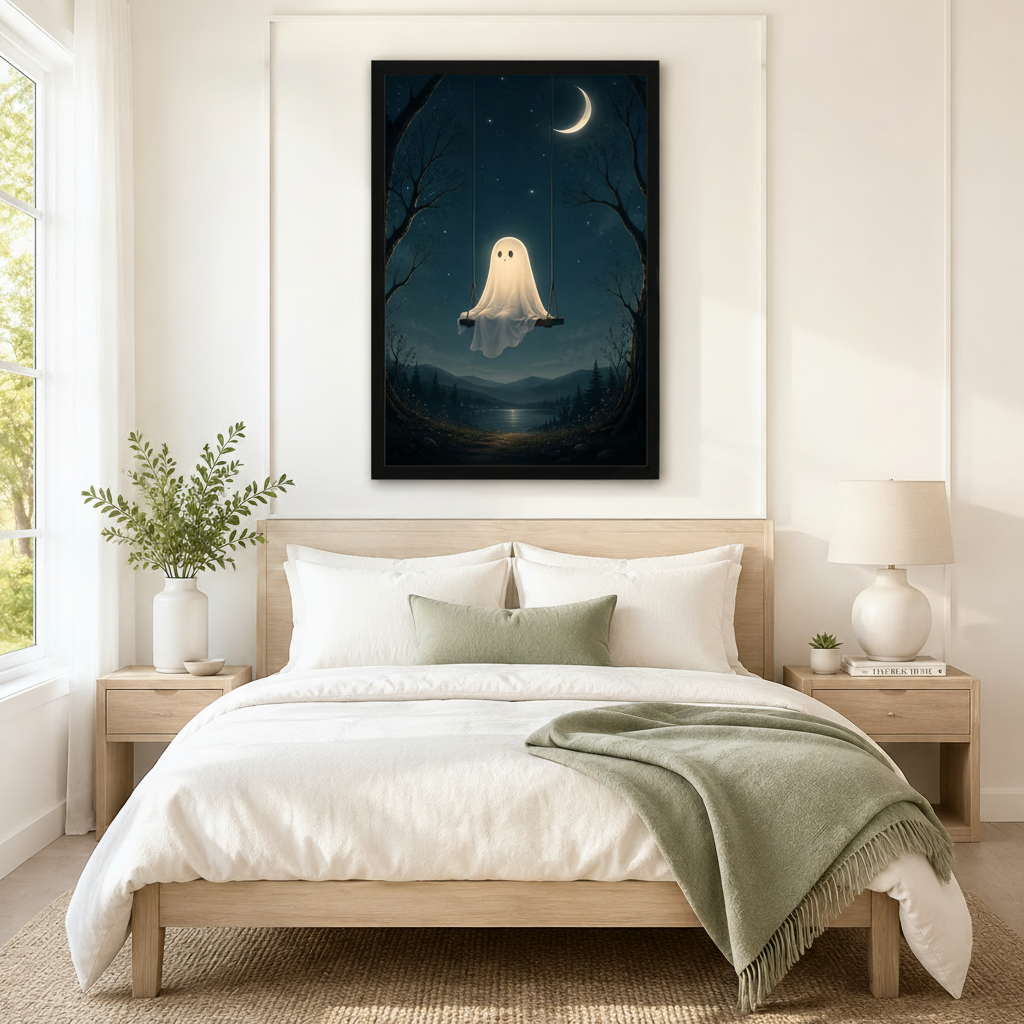 Black framed cute ghost floating on swing in moonlit dark forest wall art print hung above a light oak bed with white bedding and sage green throw in a minimalist bedroom