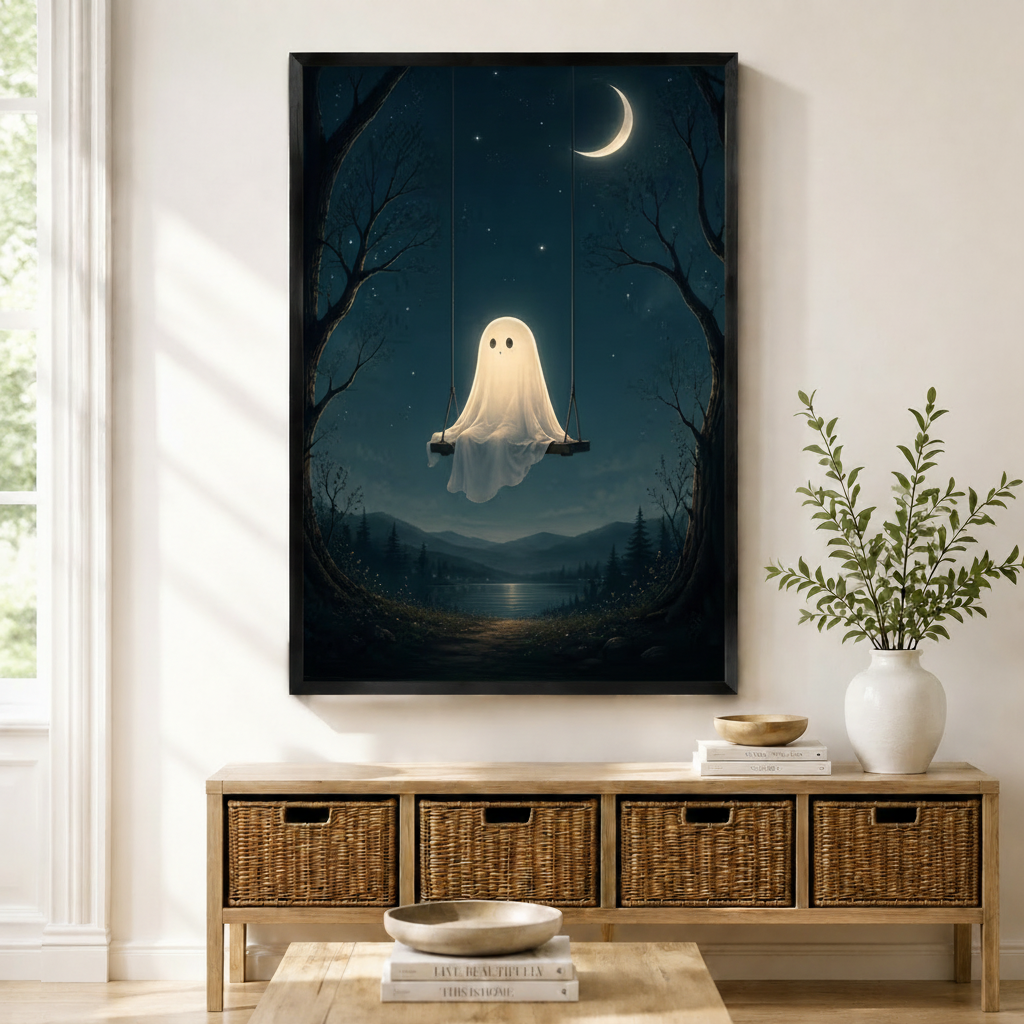 Black framed cute ghost on swing under crescent moon dark forest night scene wall art print displayed above a rattan storage console in a bright entryway