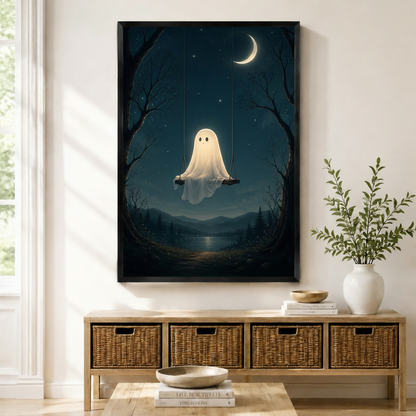 Black framed cute ghost on swing under crescent moon dark forest night scene wall art print displayed above a rattan storage console in a bright entryway