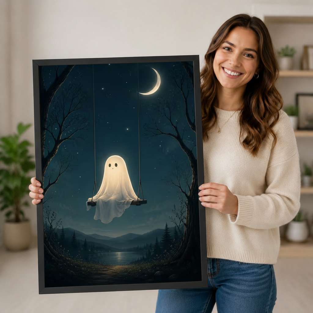 Smiling woman holding a large black framed glowing ghost on swing under starry night sky and crescent moon art print in a bright home interior
