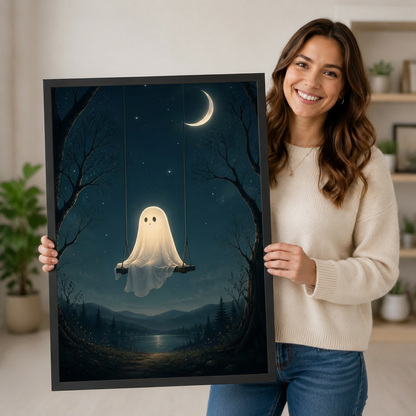 Smiling woman holding a large black framed glowing ghost on swing under starry night sky and crescent moon art print in a bright home interior