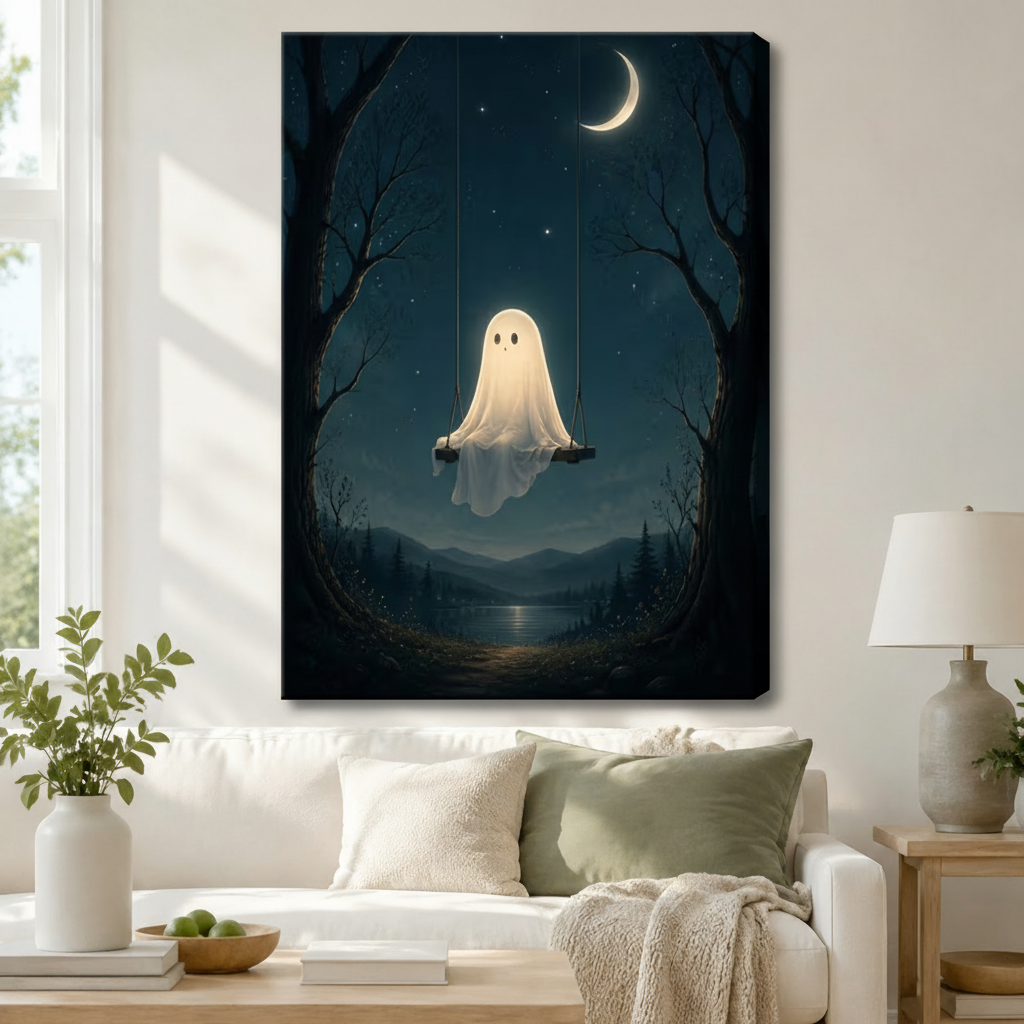 Stretched canvas glowing ghost on tree swing moonlit night landscape wall art hung above a white sofa with sage green cushions in a Scandinavian living room