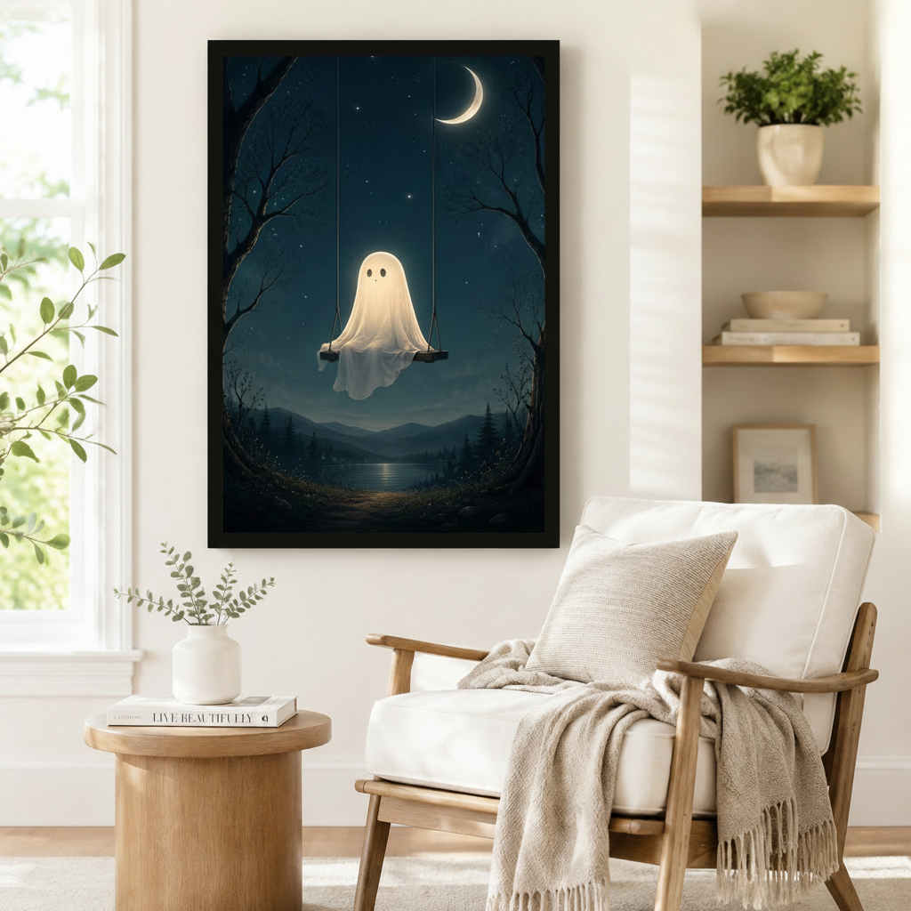 Black framed whimsical ghost swinging under crescent moon dark forest art print on white wall beside a white linen armchair and round wood side table