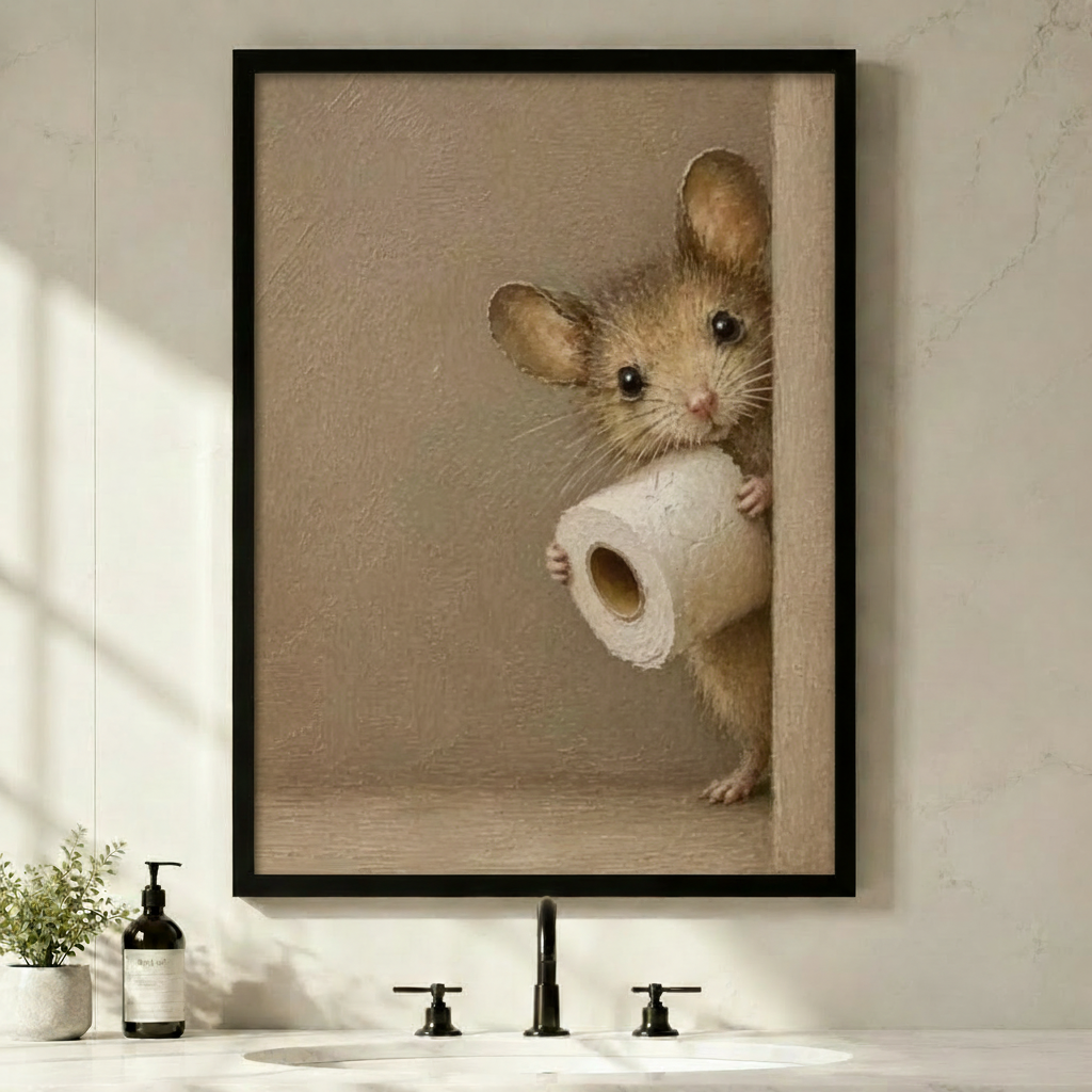 Funny brown mouse peeking around a corner while clutching a toilet paper roll, oil painting style black framed canvas wall art hung above a minimalist bathroom sink with black faucet, soap dispenser and small potted plant