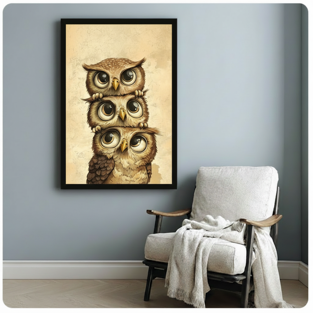 Framed poster of three whimsical stacked owls with large expressive eyes, displayed on a blue-grey wall beside a cozy armchair with a throw blanket
