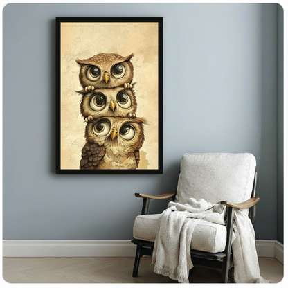 Framed poster of three whimsical stacked owls with large expressive eyes, displayed on a blue-grey wall beside a cozy armchair with a throw blanket
