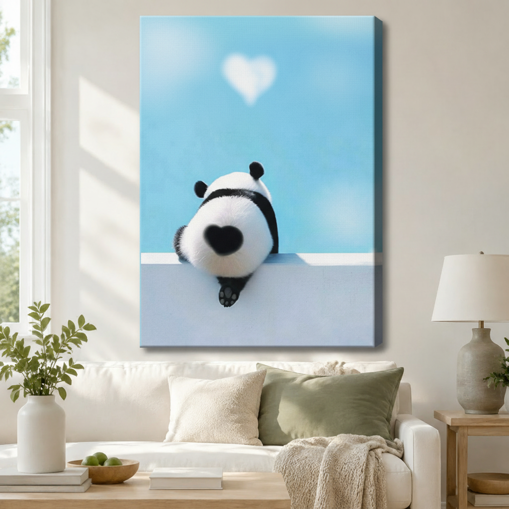 Gallery-wrapped canvas of an adorable panda with heart-shaped back and cloud heart hung above a white linen sofa in a modern living room