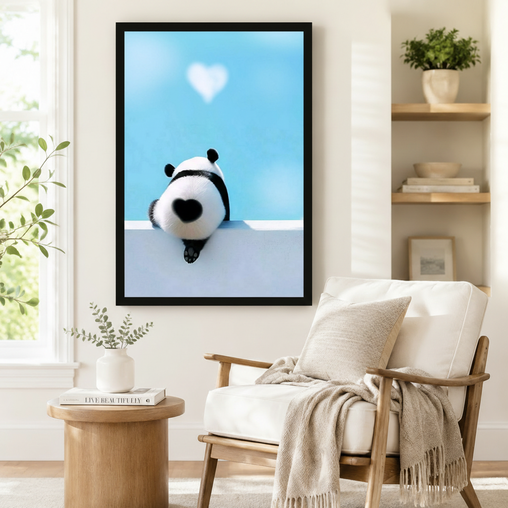 Black-framed panda heart wall art styled beside a wooden armchair in a serene Scandinavian-inspired sitting room