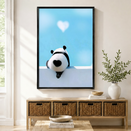Framed cute panda back view with heart pattern wall art print displayed above a rattan console in a bright coastal entryway