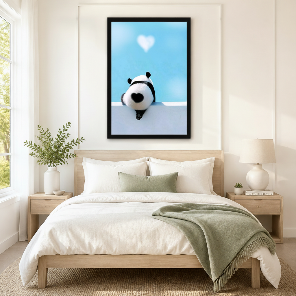 Large framed panda back heart print centered above a neutral linen bed in a calm Scandinavian bedroom