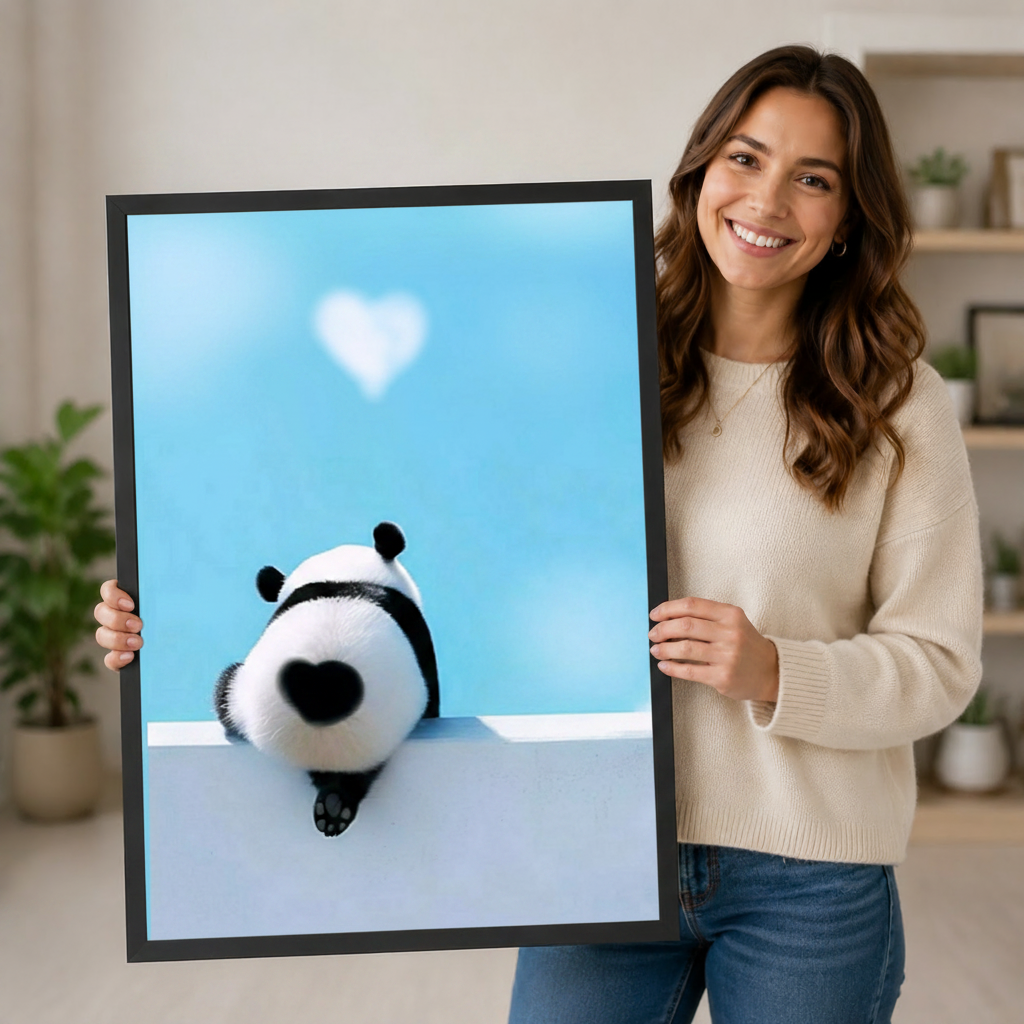 Woman holding a black-framed cute panda heart art print showing scale and vibrant blue sky detail in a lifestyle setting