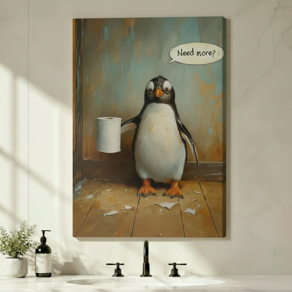 Cute penguin clutching toilet paper roll asking Need More in rustic oil painting style, edge-to-edge stretched canvas wall art displayed above bathroom sink