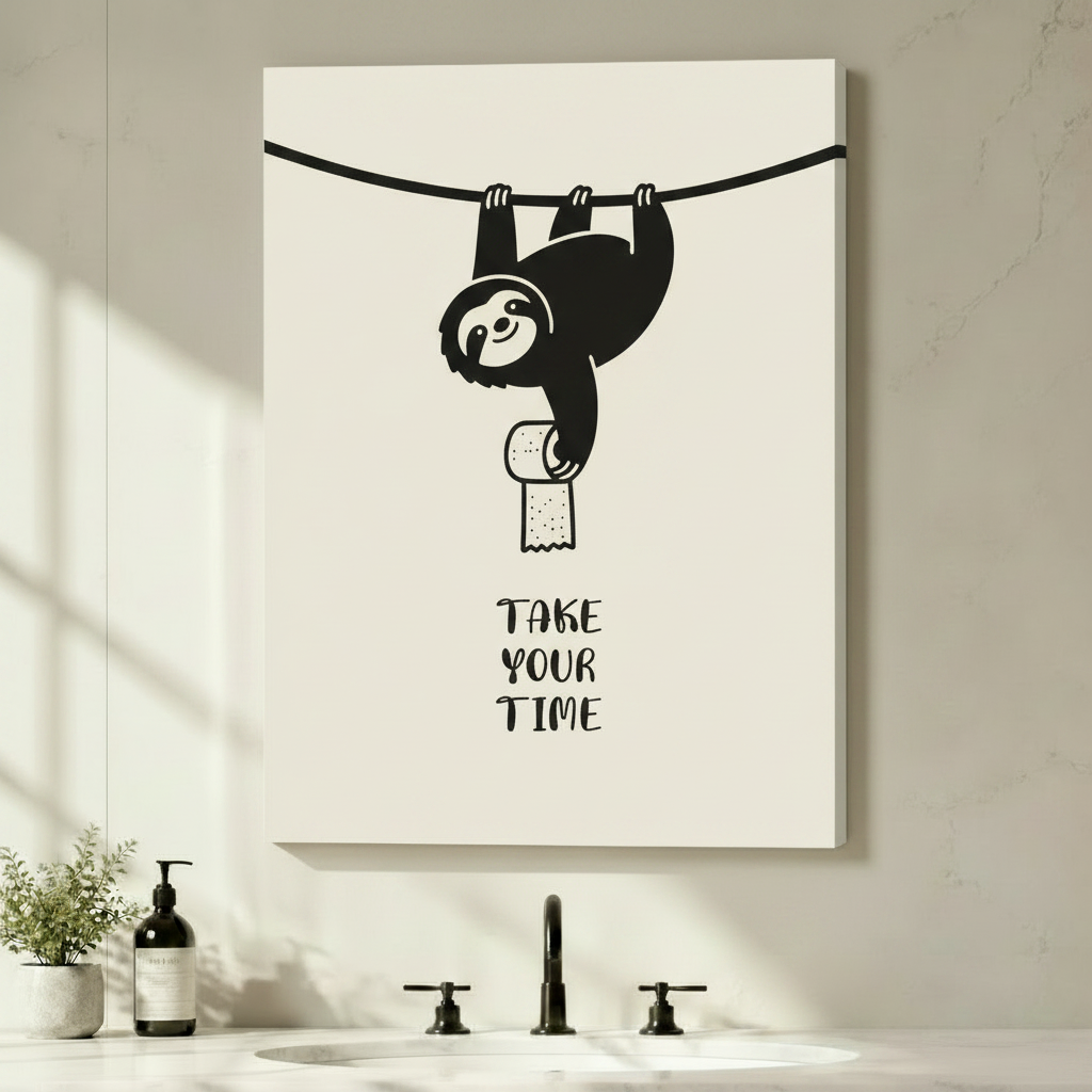 Cute sloth dangling upside down with toilet paper roll and Take Your Time text, stretched canvas wall art displayed in bright modern bathroom above sink
