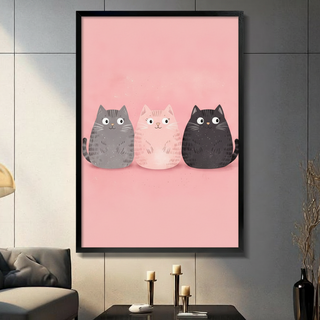 Cute cartoon three cats on pink background framed wall art print displayed in modern living room above console table
