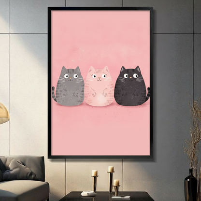 Cute cartoon three cats on pink background framed wall art print displayed in modern living room above console table
