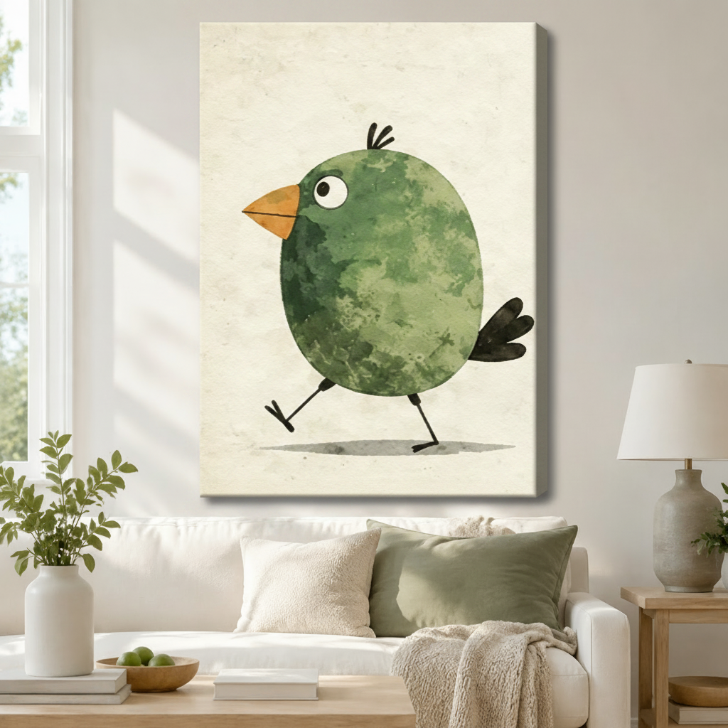 Stretched canvas wall art of an adorable chubby watercolor green bird taking a playful step forward with an orange pointed beak, wide eyes, and quirky head tufts on a soft cream textured background, hung in a bright living room above a cream sofa with a sage green pillow and a gray ceramic table lamp