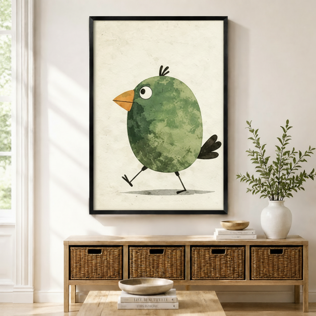 Black framed cute walking green bird watercolor canvas art with a round green bird striding forward on two thin legs with an orange beak, big round eyes, tufted head feathers, and a little black tail on a cream distressed background, displayed on a light wall above a wooden rattan storage console with a white vase of greenery
