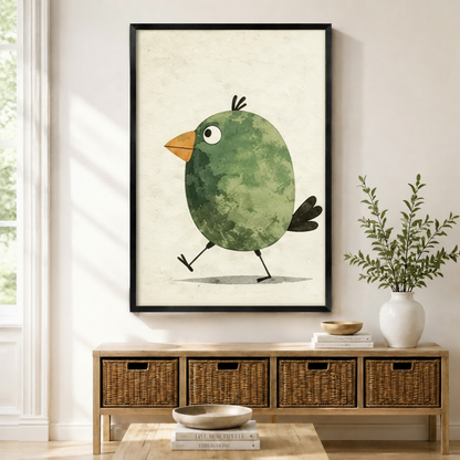 Black framed cute walking green bird watercolor canvas art with a round green bird striding forward on two thin legs with an orange beak, big round eyes, tufted head feathers, and a little black tail on a cream distressed background, displayed on a light wall above a wooden rattan storage console with a white vase of greenery