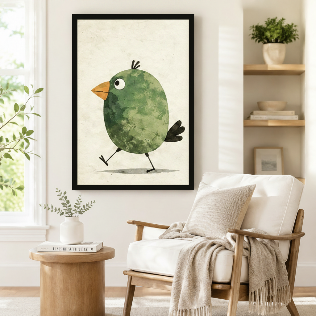 Black framed whimsical walking green bird watercolor canvas art showing a plump green bird strutting on slender legs with an orange beak, round eyes, and tufted feathers on a cream background, displayed on a white wall beside a light upholstered wooden armchair draped with a cream fringed throw blanket near a shelf of plants