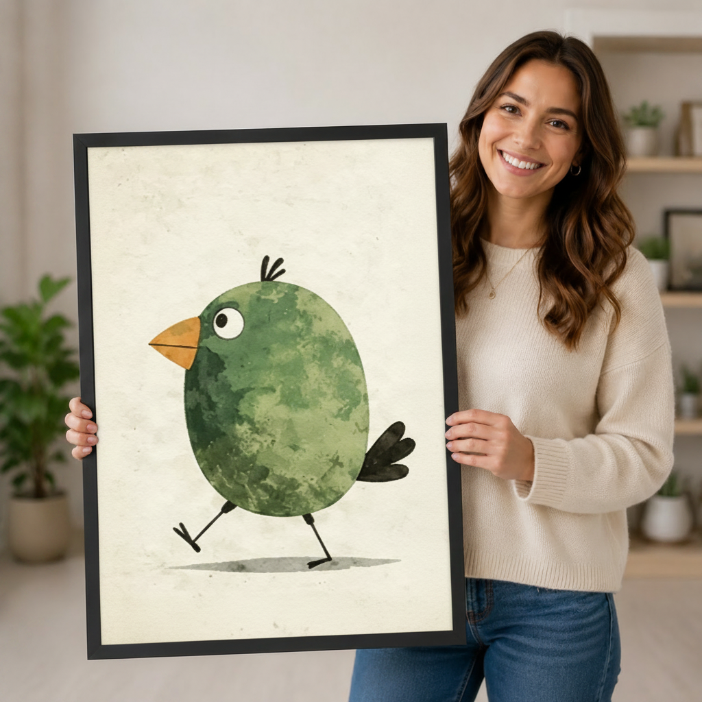 Person holding a large vertical black framed cute walking green bird watercolor canvas art print showing a round green bird striding forward with an orange beak, big eyes, head tufts, and a little black tail on a cream distressed background in a bright plant-filled room