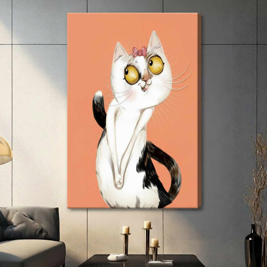 Canvas wrap wall art featuring an adorable white cat with oversized yellow eyes and a pink bow, hung on a grey living room wall