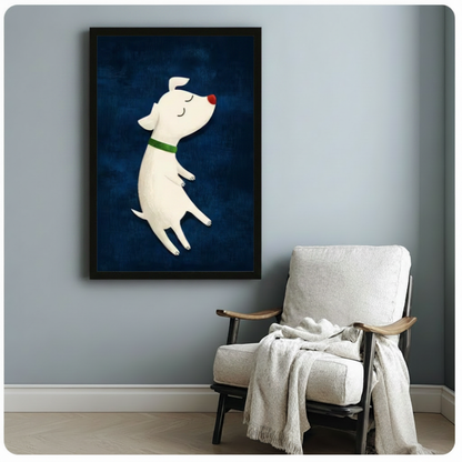 Black framed cute cartoon illustration white puppy with red nose and green collar drifting peacefully with eyes closed on deep navy blue textured background canvas print beside white linen armchair on blue-grey wall - adorable dreamy white dog floating wall art with moody navy background for reading nook decor