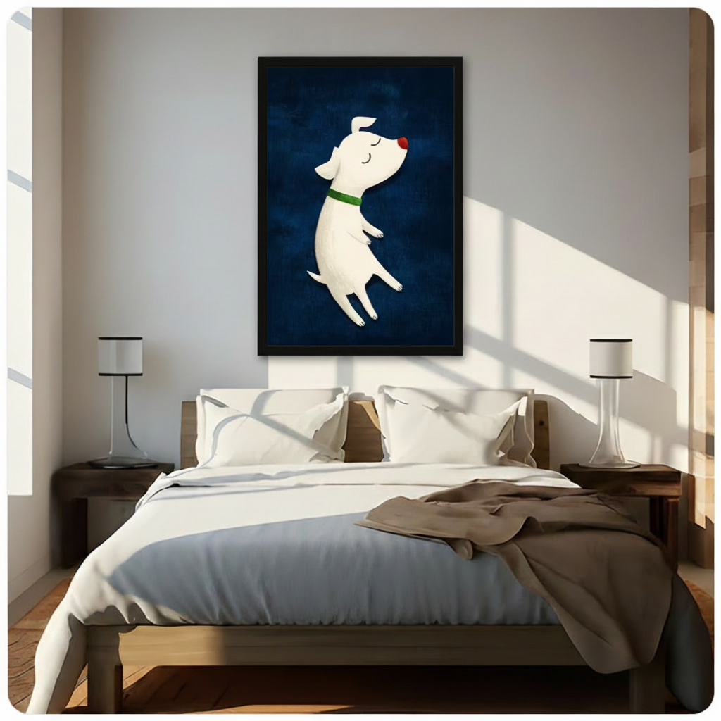 Framed cute cartoon illustration white puppy with red nose and green collar drifting peacefully with eyes closed on deep navy blue textured background canvas print above wooden bed in sunlit minimalist bedroom - adorable dreamy white dog floating wall art with moody navy background for contemporary bedroom home decor