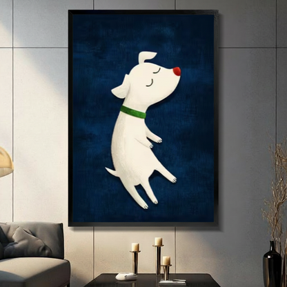 Framed cute cartoon illustration white dog with red nose and green collar floating with eyes closed on deep navy blue textured background canvas print on dark grey tile wall in modern living room - whimsical dreamy white puppy floating wall art with rich navy background for contemporary home decor