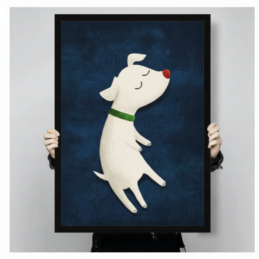 Person holding large framed cute cartoon illustration white dog with red nose and green collar floating with eyes closed on deep navy blue textured background canvas print with both hands - close up view of whimsical dreamy white puppy floating wall art with rich navy background and black frame finish