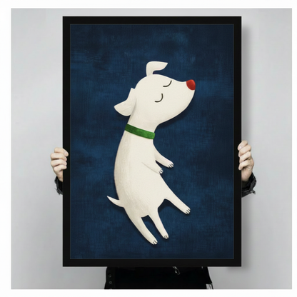 Person holding large framed cute cartoon illustration white dog with red nose and green collar floating with eyes closed on deep navy blue textured background canvas print with both hands - close up view of whimsical dreamy white puppy floating wall art with rich navy background and black frame finish